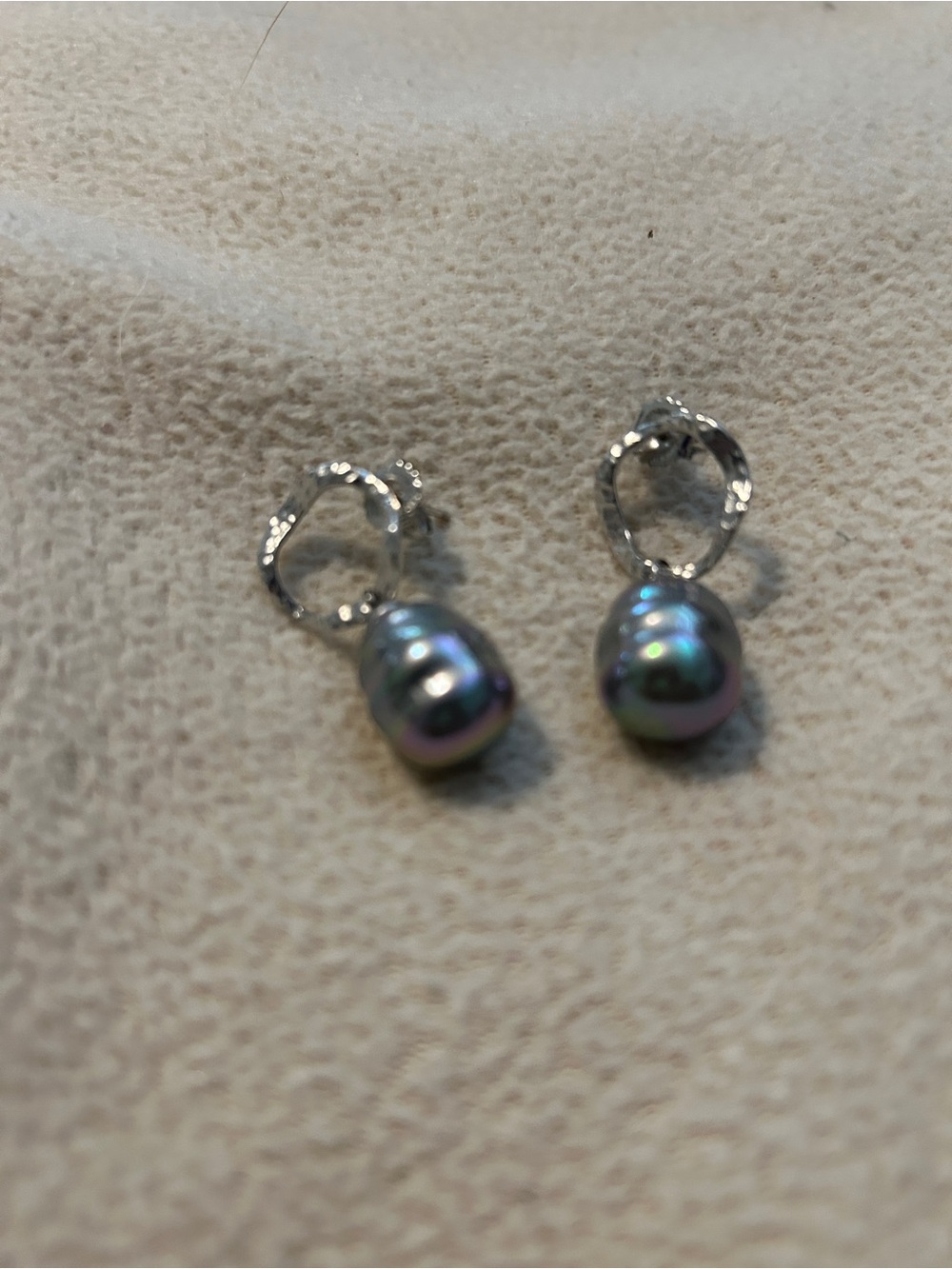 Silver Hoop Earrings with Iridescent Grey Pearl Drops